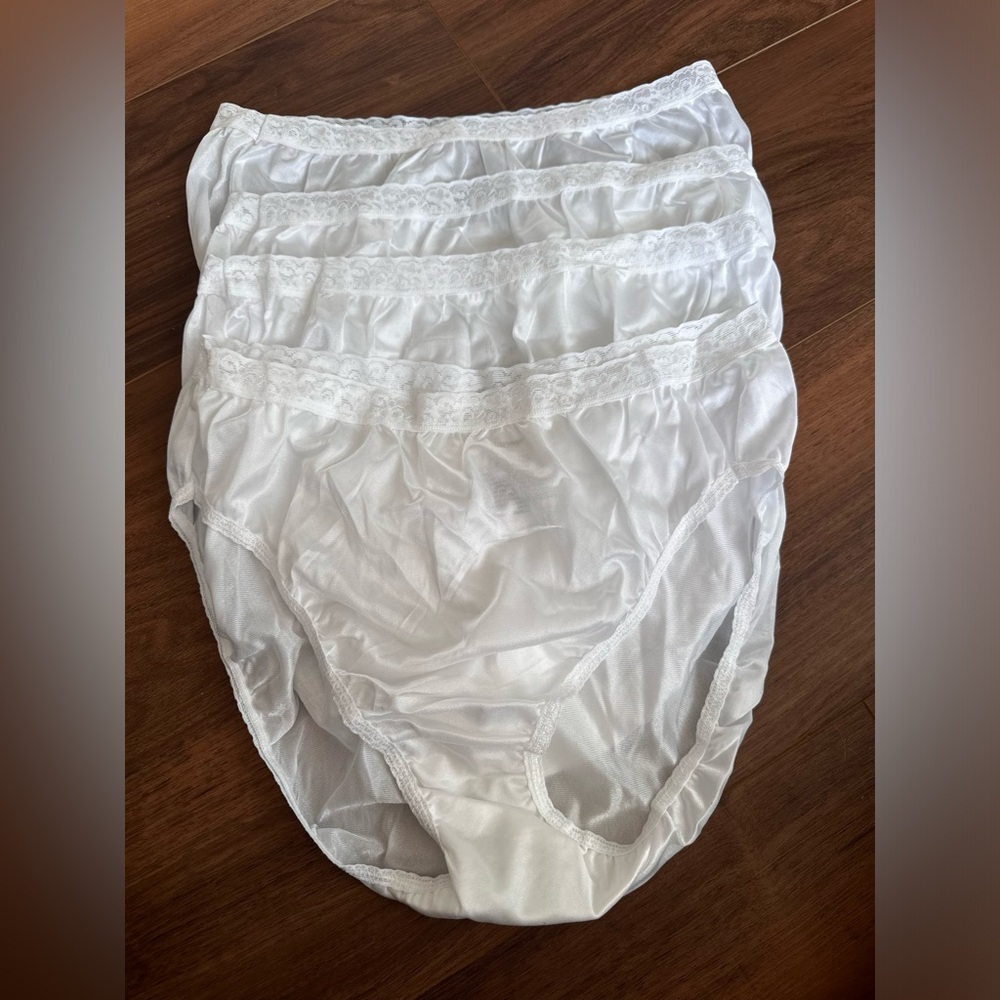 VTG Hanes Nylon Brief Panties Lot of 4 White Lace Trim High Rise Size 10 XL